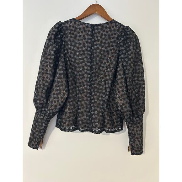 Samsoe Samsoe Pimo Blouse Black Floral Nude Overlay Bubble Long Sleeves EUC S - Picture 10 of 13